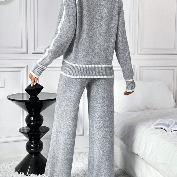 Grey Casual Women's Loose Contrast Color Knit Sweater Set - Picture 2 of 7